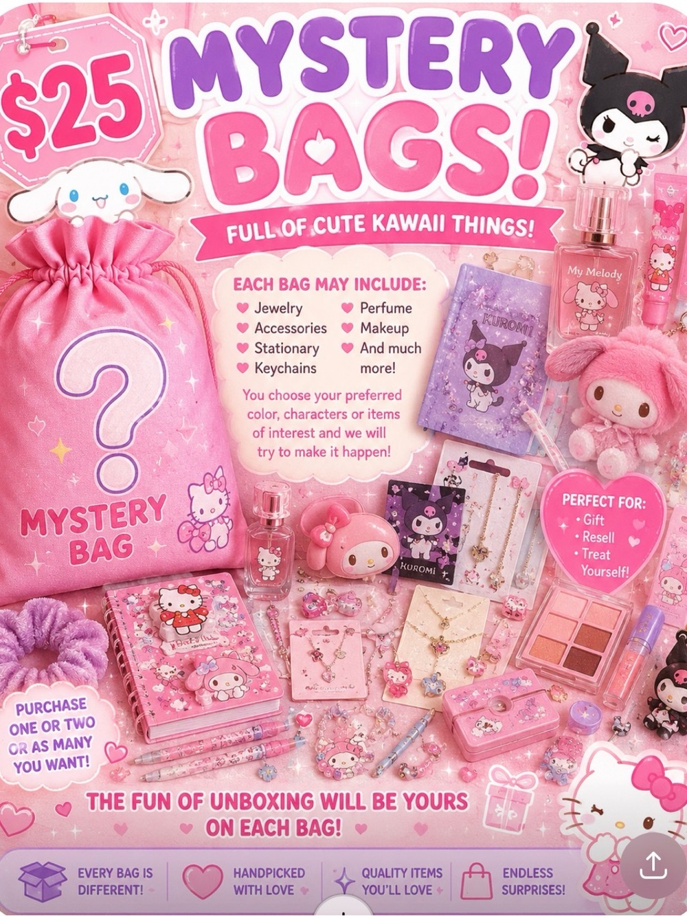 Sanrio Pink Kawaii Mystery Bag - Hello Kitty My Melody Kuromi Accessories